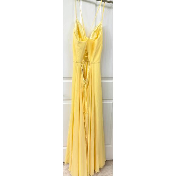 Abby Paris formal Gown 8 Butter Cup yellow Illusion plunging open back NWT $338 - Picture 6 of 15